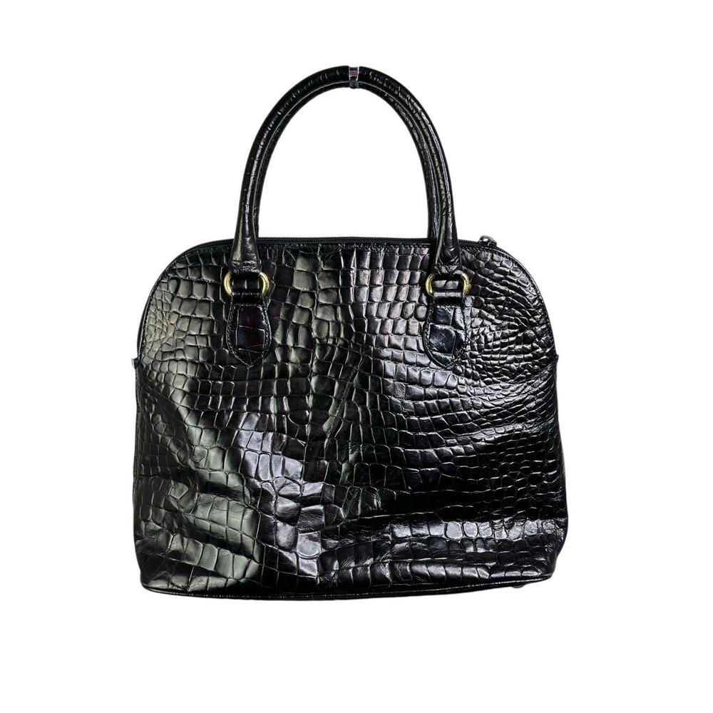 Talbots Handbag Womens Black Faux Crocodile Skin Gold‎ Trim Old Money Classic